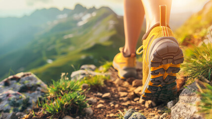 Close-up of legs of young hiker walking on the country path. Young woman trail waking. Focus on hiking shoes. Amazing mountain landscape on the background. travel, trekking, hiking concept - obrazy, fototapety, plakaty
