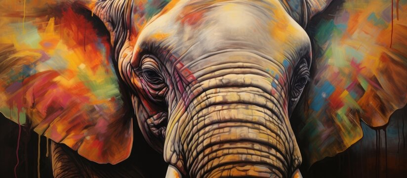 A detailed painting captures the vivid colors of an elephants face up close, showcasing its unique features such as its long snout and wild beauty