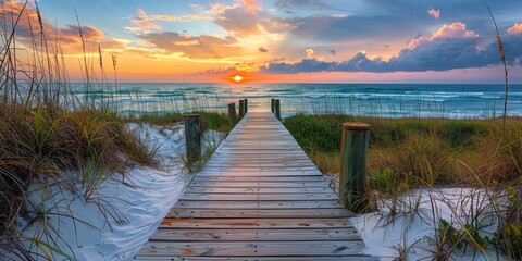 Boardwalk Leading to Beach at Sunset - 762377944
