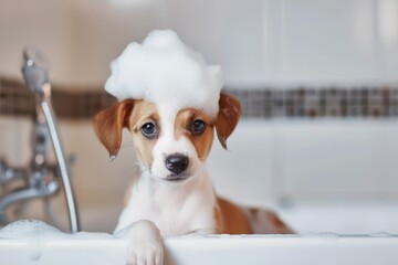 Funny dog with soapy white foam on his head sits in the bathtub, taking care of his pet, grooming and washing him	
