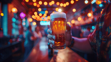 one hand holding a glass of beer at the nightclub  - obrazy, fototapety, plakaty