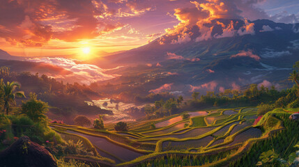 Breathtaking sunrise illuminates terraced rice fields and mountainous landscape with misty clouds.