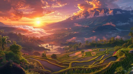 Papier Peint photo Rizières Breathtaking sunrise illuminates terraced rice fields and mountainous landscape with misty clouds.