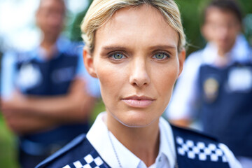 Guard, law enforcement and portrait of police woman outdoors for crime, protection and safety...