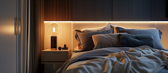 cozy modern bedroom with bed with soft pillows and a blanket with nightstand stylish lamp