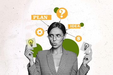 Composite photo collage of doubtful girl choose light bulb plan idea algorithm process signs...