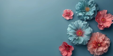 Group of Pink and Blue Flowers on Blue Background