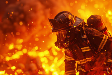 Generate a 3D animated scene featuring a firefighter in action amidst flames