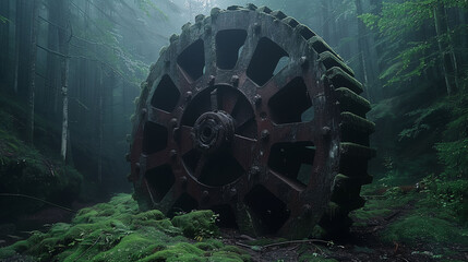 Large rusty gear wheel in a misty forest, symbolizing industry and nature contrast. - obrazy, fototapety, plakaty