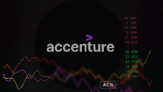 March 19th 2024 , Dublin, Ireland. Close up on logo of Accenture on the screen of an exchange. Accenture price stocks, $ACN on a device.
