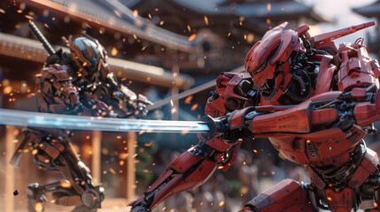 Fototapeta premium Robot samurai engaging in a fierce sword fight against a digital opponent