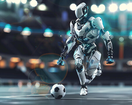 Robot soccer player dribbling the ball in a futuristic arena - Powered by Adobe