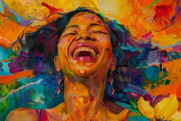 A portrait of joyful conscious woman beams with happiness, close up ,mindfulness - obrazy, fototapety, plakaty