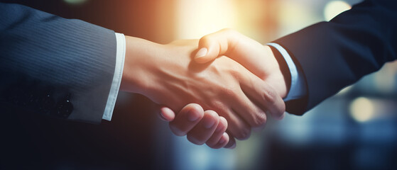 Close up at hands of two young business people shaking hands with sun beam on background.