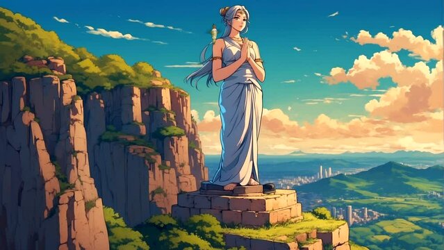 Animated Statue of woman on cliff top and stunning natural beauty Seamless looping 4k time-lapse animation video background