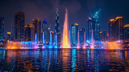 Colorful fountain show with illuminated city skyline at night.