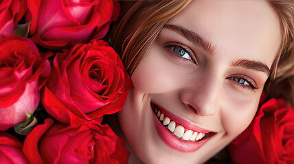 Fototapeta na wymiar A woman is smiling in front of a bunch of red roses