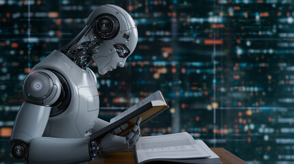 3D illustration. Reading a book, robot solving mathematical data analysis in the concept of future mathematical artificial intelligence.