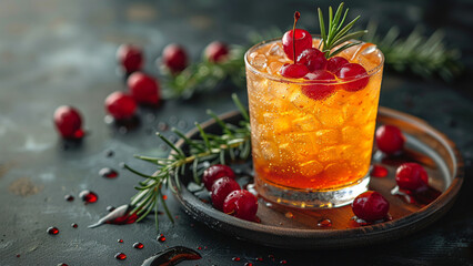 Tasty alcoholic old fashioned cocktail with cherry  - obrazy, fototapety, plakaty