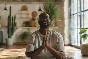 wellness yoga meditation concept, A man is sitting on the floor with his hands clasped in front of his chest. He is smiling and he is in a relaxed and peaceful state