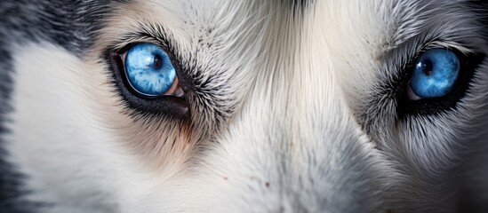 A closeup image captures the electric blue eyes of a husky dog, showcasing its beautiful fur, whiskers, and carnivorous nature as a dog breed known for being a loyal companion