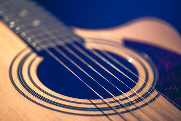 Close up of guitar and strings with shallow depth of field, soft focus.