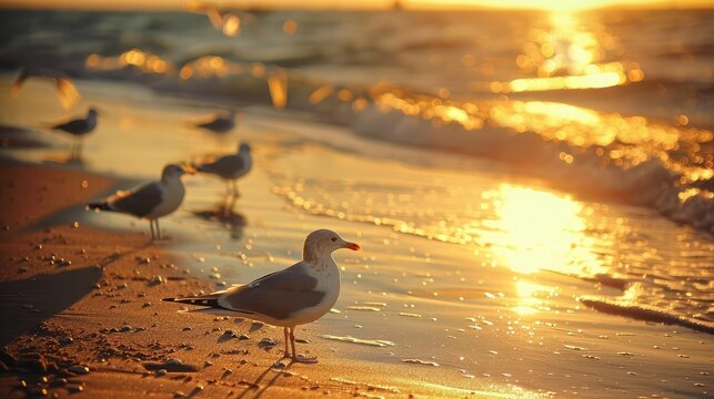 Seascape with seagulls on the sandy beach at sunset