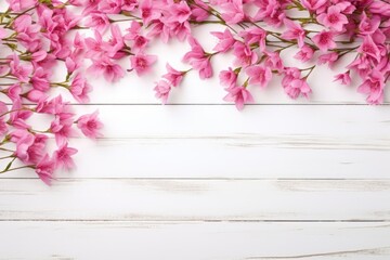 Naklejka na ściany i meble Vivid pink flowers arranged on a rustic white wooden background.