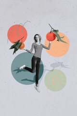 Creative vertical poster young girl hold two oranges select hand fresh vitamins healthy nutrition...