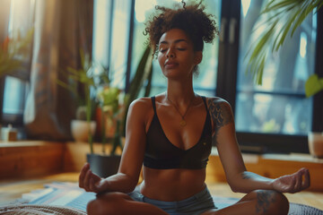 wellness yoga meditation concept, A woman is sitting on the floor. She is wearing a black tank top and blue shorts. The room is decorated with plants and has a calming atmosphere - obrazy, fototapety, plakaty