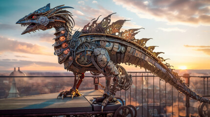 tyrannosaurus rex dinosaur 3d render metal, Steampunk dragon styli on sunset city 