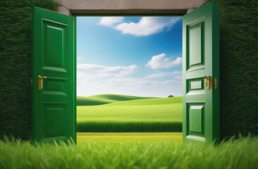 A green wooden door in a field against a blue sky