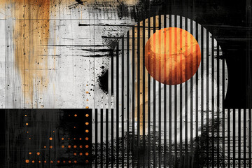 Orange Sun on Striped Background, Geometric Art, Contemporary Design with Copy Space