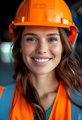 A female worker confidently wears a hard hat and bright orange safety vest while on a construction site.