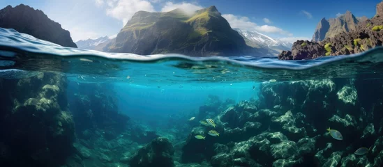  An artistic portrayal of a coral reef halfsubmerged underwater, with majestic mountains in the background, creating a stunning natural landscape © 2rogan