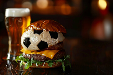 A hamburger that looks like a soccer ball on the side is a pint of beer