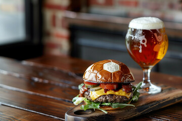 A hamburger that looks like a soccer ball on the side is a pint of beer