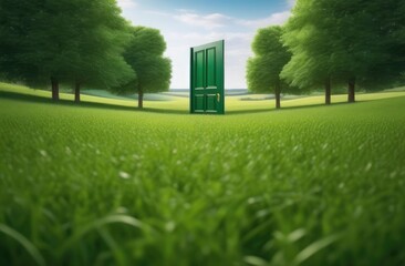 A green wooden door in a field against a blue sky - Powered by Adobe
