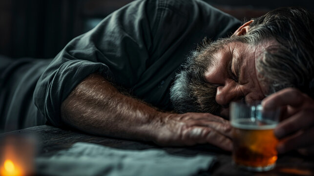 A depressed drunk old man sleeping on a table with a glass of whiskey or alcohol. concept of alcohol addiction. Alcoholism. close-up view.	
