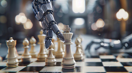 Checkmate: An impactful image showcasing the victorious moment when the robot's hand moves the chess pawn into a position of checkmate. Generative AI - obrazy, fototapety, plakaty