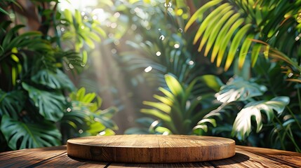 Wood podium table top outdoors blur green monstera tropical forest plant nature background.
