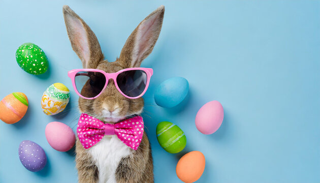 Chill Easter Bunny Rocks Sunglasses in Fun Photo with Easter Eggs and copy space