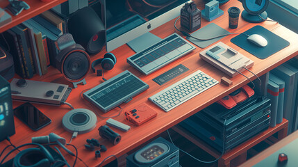 Artistic Technology Desk, Orange Monochromatic, Modern Gadgets and Instruments
