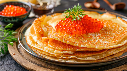 thin pancakes with caviar. Stack of russian thin pancakes blini with red caviar on an old wooden table. Maslenitsa, traditional Russian blini recipe, restaurant menu