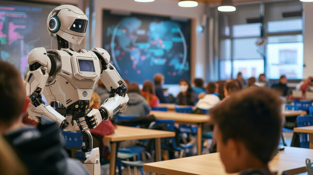 Empowering Education: An empowering image depicting the transformative potential of technology-driven education, with the robotic lecturer inspiring students to think critically. Generative AI