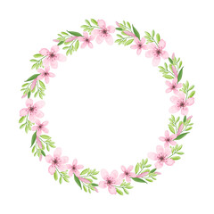 Obraz na płótnie Canvas Pink romantic hand painted watercolor floral wreath. Cute elegant flowers and leaves illustrations and graphic design elements. Spring floral wreath with flowers, leaves and branches. Wedding wreath.