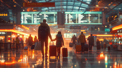 Rear view of an adult and child with luggage walking through a bustling airport terminal, illuminated by warm ambient light.