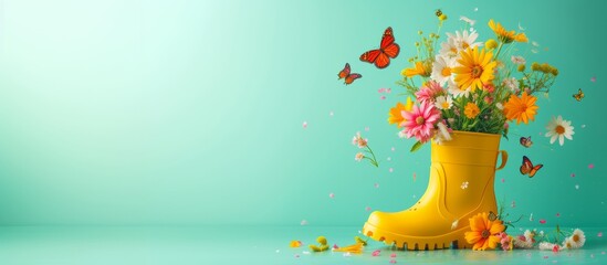 Yellow rubber boot with spring flowers inside and butterflies around on blurred nature spring background, concept of the arrival and celebration of spring, banner with copyspace
