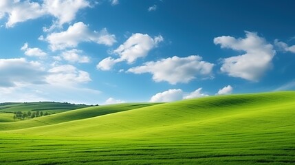 Beautiful panoramic background of natural scenic green field in natural park with cloud and blue sky during the day.