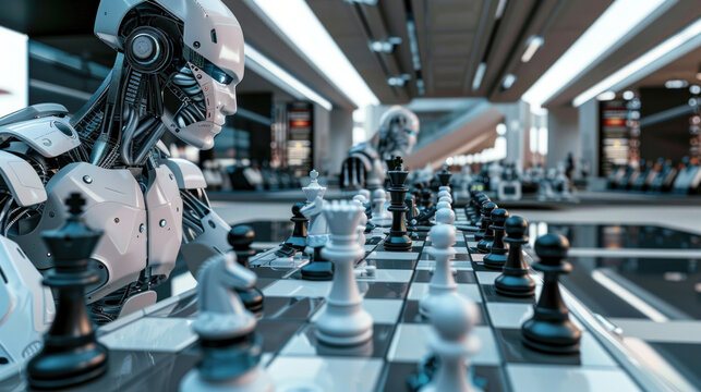 Future of Gaming: A futuristic image envisioning a world where AI-powered robots and humans collaborate in strategic games like chess, blurring the lines between man and machine. Generative AI